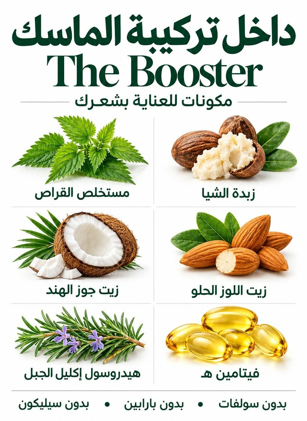 داخل تركيبة الماسك The Booster - مستخلص القراص، زبدة الشيا، زيت جوز الهند، زيت اللوز الحلو، هيدروسول إكليل الجبل، فيتامين هـ